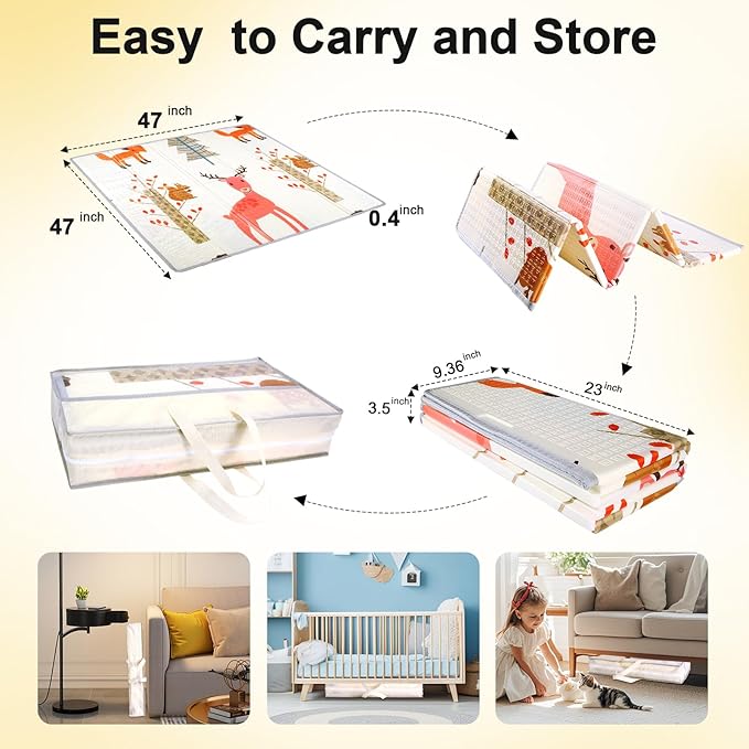 Foldable Baby Play Mat,47" x 47" Baby Playmat for Playpen,0.4 inch Thick Waterproof Anti-Slip Reversible Play Mat for Infant Crawling Baby for 50x50 Playpen