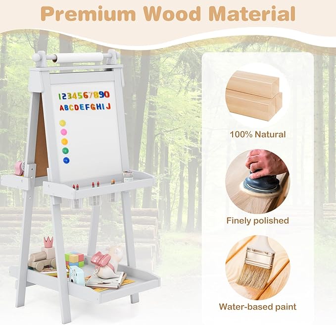 OLAKIDS Easel for Kids, 3 in 1 Adjustable Painting Art Board, Foldable Double-Sided Wooden Drawing Chalkboard Magnetic Whiteboard with Paper Roll, Storage Rack, Cups for Boy Girls (Gray)