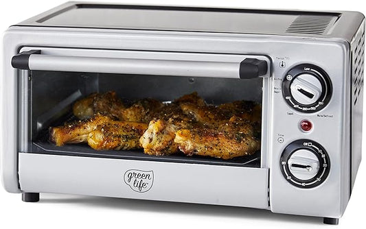 GreenLife Countertop Toaster Oven Air Fryer Stainless Steel, Healthy Ceramic Nonstick, PFAS and PFOA-Free, Tray & Basket, Bake, Broil, Reheat, Adjustable Temp & Time Control, Auto Shutoff, Black