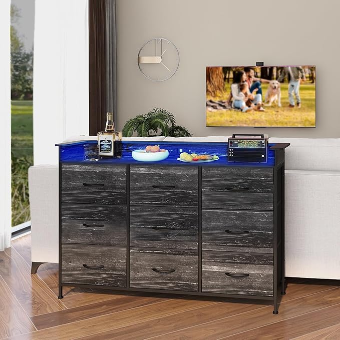 EXOTICA Black Dresser with Charging Station 9 Drawers Dresser with LED Light and USB Ports Fabric Dressers for Bedroom Hallway Entryway Closets Sturdy Steel Frame Wood Top