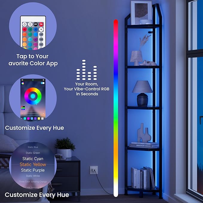 70 Inch Corner Shelf with LED Lights, 5-Tier Corner Bookshelf for Small Spaces, Wood & Metal Storage Rack for Bedroom, Living Room, Office - Modern Space Saving Design- Brown