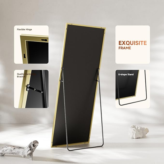 56"x15" Full Length Mirror, Gold Tempered Glass Rectangle Floor Standing Mirrors, Wall Mounted Hanging Aluminum Alloy Frame Bedroom Floor