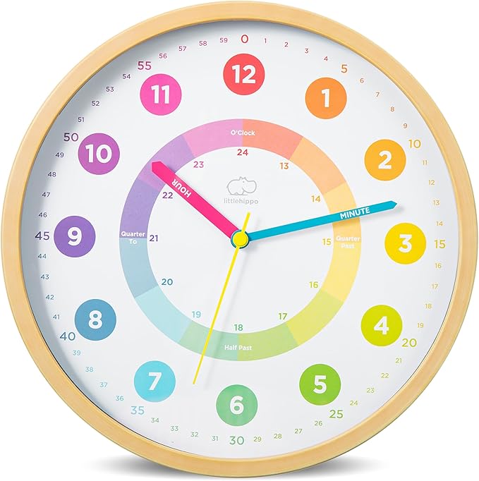 LittleHippo Learning Wall Clock for Kids for Classroom, Bedrooms, Nursery, Playroom - Kid's Analog, Silent, Non-Ticking Clock for Teaching to Tell Time, Study to Learn to Tell Time