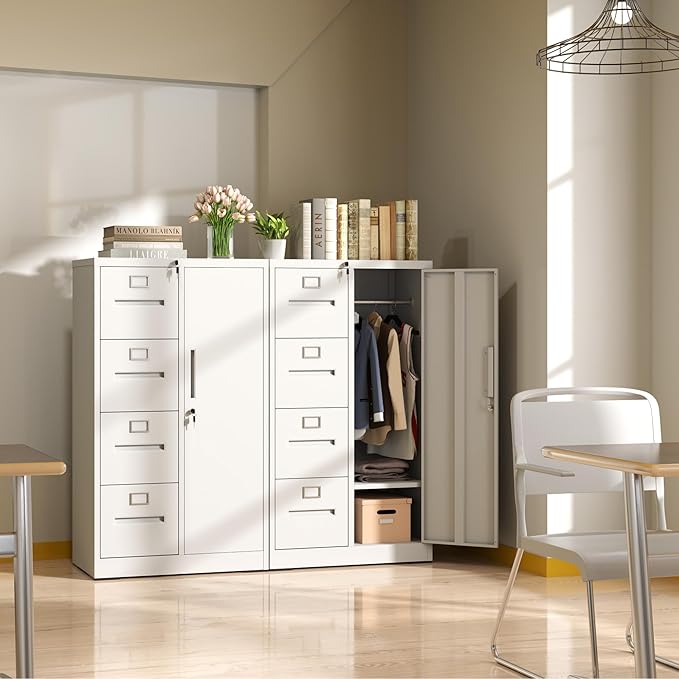 Locking File Cabinet with 4 Drawers and 1 Door,White Metal Storage Locker Cabinets for Employees,Home Office Filing Cabinets for Legal/Letter Size Files, Assembly Required