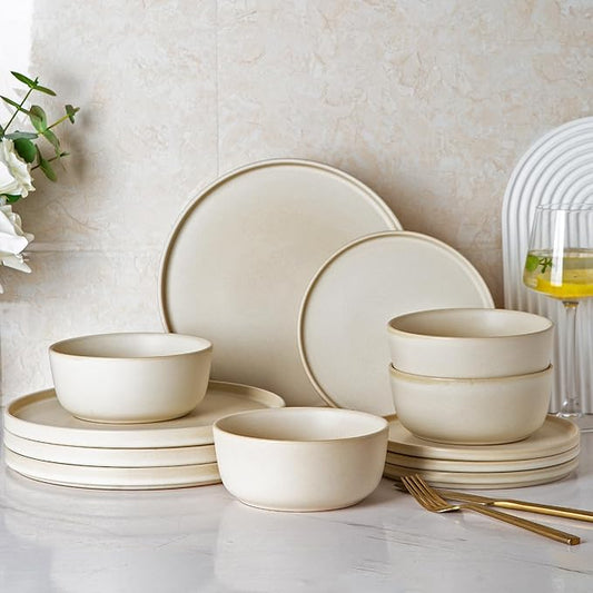 AmorArc Stoneware Dinnerware Sets for 4,Reactive Ceramic Plates and Bowls Set,Highly Chip and Crack Resistant | Dishwasher & Microwave Safe | Round Dishes Set Service for 4 (12pc)