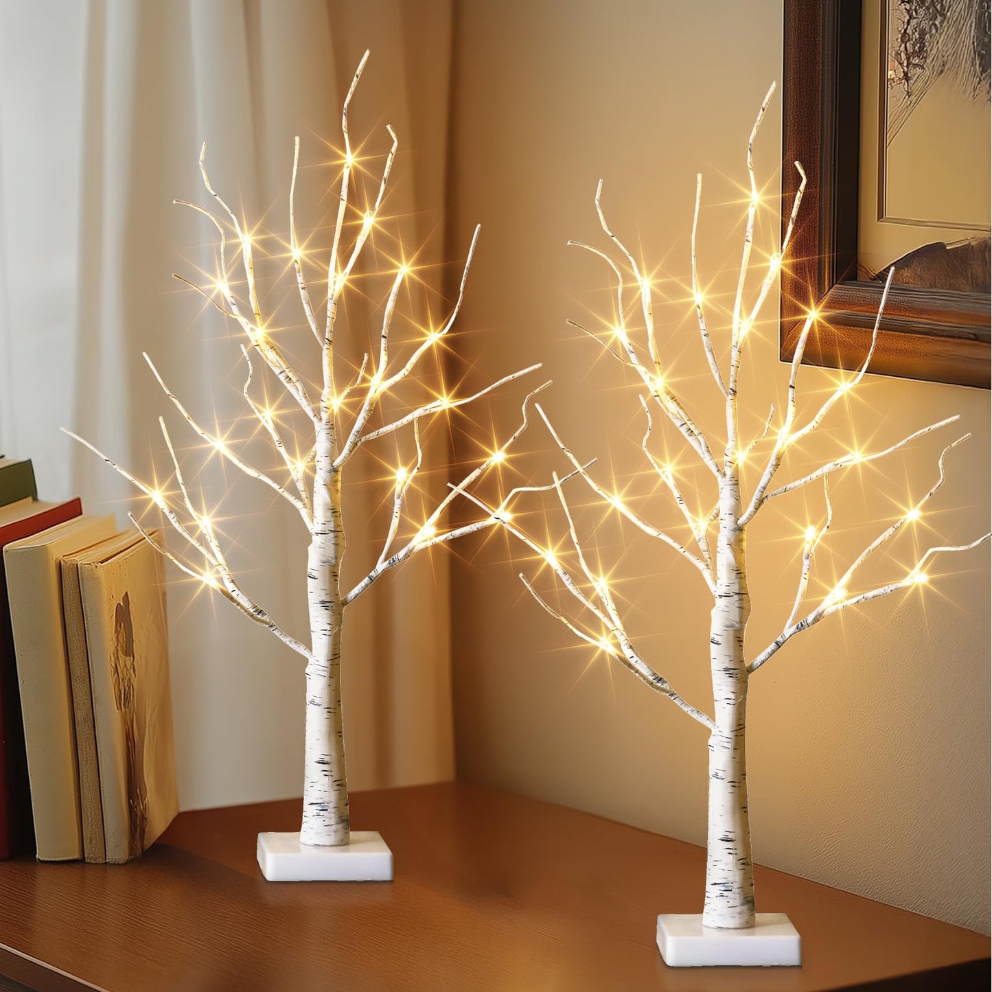EAMBRITE Lighted Birch Tree Christmas Decorations Indoor for Home, 2Pack 24 LED Battery Operated/USB Tabletop Mini Small Artificial White Trees with Lights for Table Mantel Winter Xmas Decor (2FT)