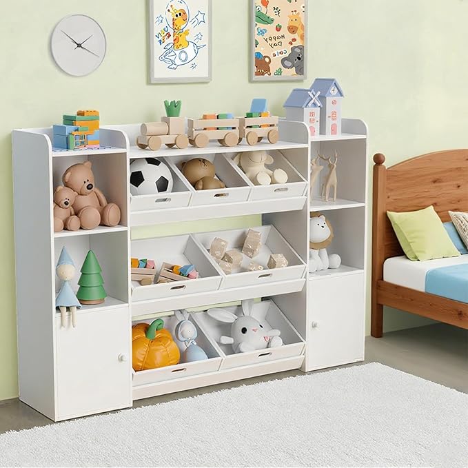 Kids Toy Storage Organizer with 7 Removable Storage Bins, 4 Open Compartments,55.7" W Large Toy Organizers for Playrooms, Bedrooms & Classrooms,Bright White