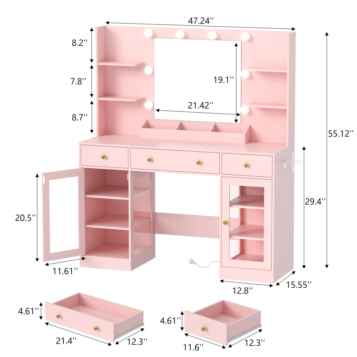 HUANLEGO Large Makeup Vanity Desk with Mirror and Lights, Pink