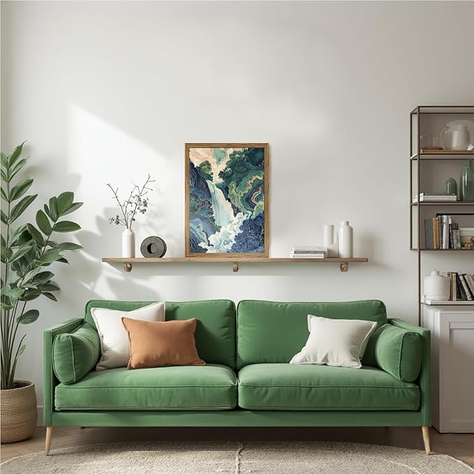 Framed Japanese Waterfall Canvas Wall Art, Abstract Landscape Wall Decor Paintings, Blue Green Nature Mountain Pictures Prints Zen Aesthetics Home Decor for Living Room Bedroom Bathroom 16x24 inch