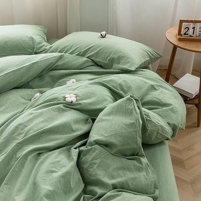 FACE TWO FACE Bedding Duvet Cover Set100% Washed Cotton Duvet Cover Linen Like Textured Breathable Durable Soft Comfy(Full, Green)