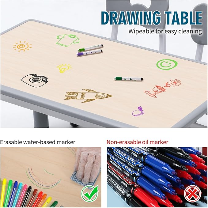 UNICOO Kids Table and Chairs Set, Height Adjustable Multi-Activity Preschool Table with Graffiti Desktop for Ages 2-8 - Versatile Kids Tables for Play, Learning, and Creativity(Maple Top/Gray Border)