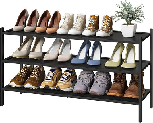 Black Long Shoe Rack, 3-Tier Bamboo Wood Shoe Rack for Entryway, Stackable | Foldable | Natural, Shoe Organizer for Hallway Closet, Free Standing Shoe Racks for Indoor Outdoor