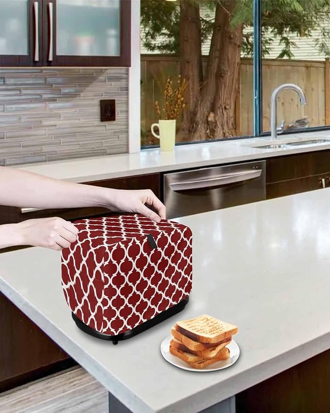 Toaster Cover 2 Slice Geometric Moroccan Toaster Oven Cover with Pockets Moroccan Trellis Design Red Bakeware Protector Small Kitchen Appliance Dust Covers and Fingerprint Protection for Women