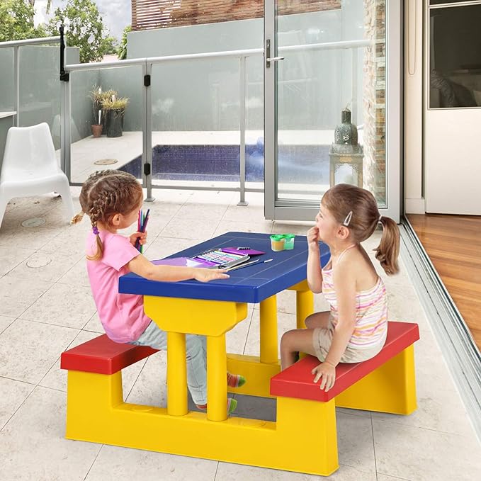 HONEY JOY Kids Picnic Table, Toddler Plastic Outdoor Table & Bench Set with Umbrella, Children Patio Furniture Set for Backyard Garden, Kids Picnic Tables for Outdoors, Gift for Boys Girls Age 3+