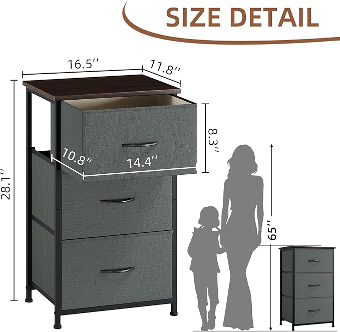 Somdot Small Dresser for Bedroom with 3 Drawers, Nightstand Storage Chest of Drawers with Removable Fabric Bins for Closet Bedside Living Room Laundry Entryway Hallway, Charcoal Grey
