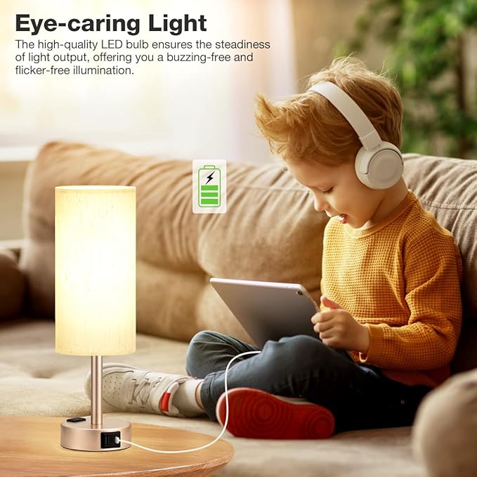 Bedside Table Lamp for Bedroom - 3 Way Dimmable Touch Lamp USB C Charging Ports and AC Outlet, Small Lamp Gold Base Round Flaxen Fabric Shade for Living Room, Desk, LED Bulb Included