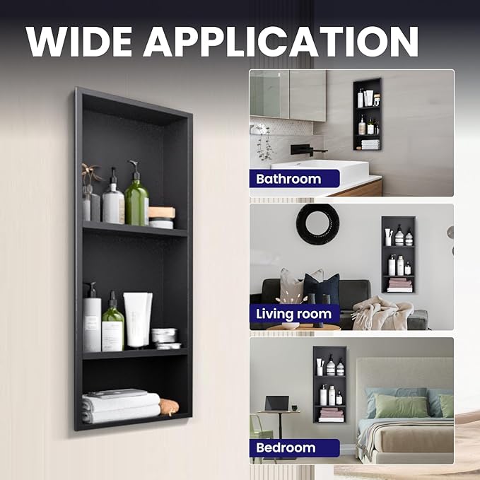 Stainless Steel Shower Niche 12" x 29", 3-Tier Shower Niches No Tile Needed, Recessed Niche for Shower Wall, Shower Niche Shelf for Bathroom Storage, Matte Black