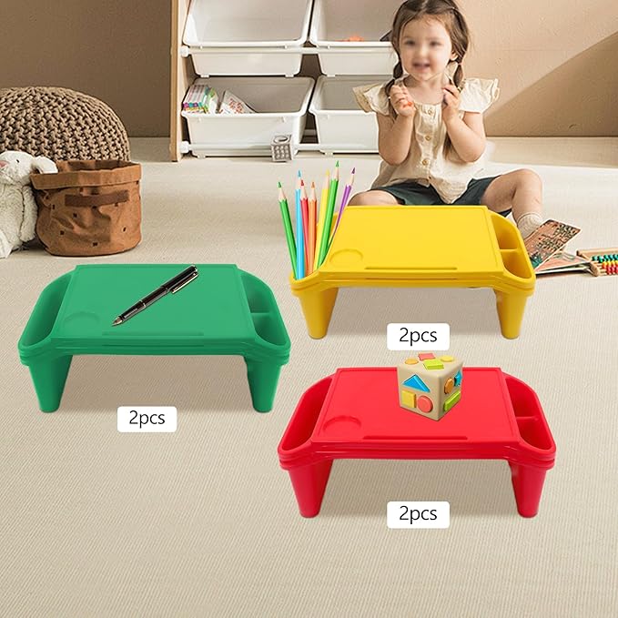 6 Pcs Kids Lap Desk Tray, Plastic Breakfast Lap Desk Trays with Side Pockets and Slot, Portable Lap Table Snack Tray for Eating, Writing, Drawing, Game, 19.69" L x 9.84" W x 7.1" H (3 Colors)