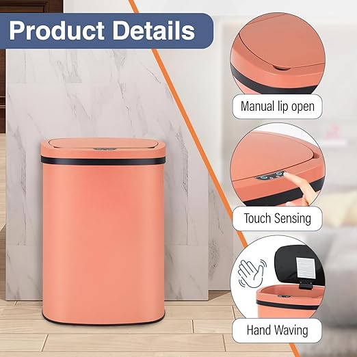 PayLessHere 13 Gallon Trash Can Kitchen Trash Can Automatic Garbage Can with Lid Touch Free High-Capacity Motion Sensor for Kitchen Bedroom Bathroom Office Trash Bin (1, Pink Stainless Steel)