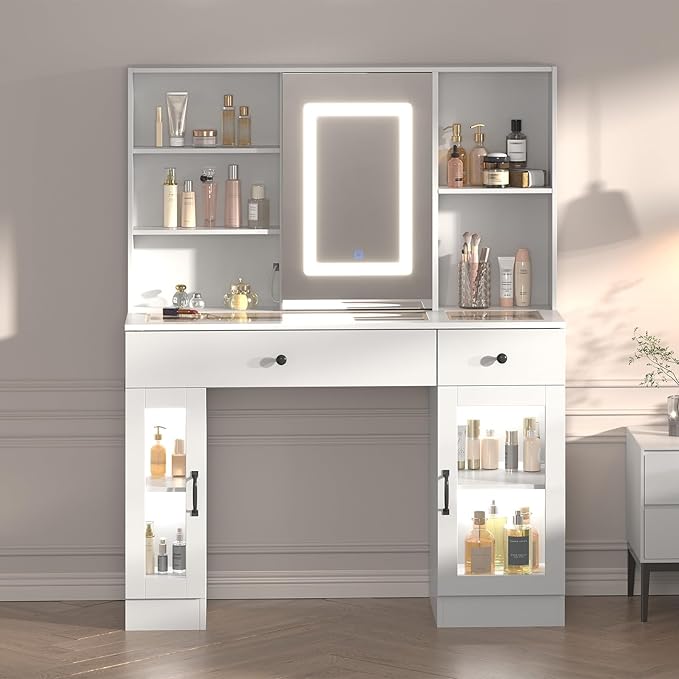 Vanity Desk with Mirror and Lights, Glass Top Vanity Desk with Sliding LED Mirror & 3-Color Lights, Makeup Dressing Table with Storage Drawers, Rainbow Glass Cabinets, USB/AC Outlets, MDF Beauty Hub