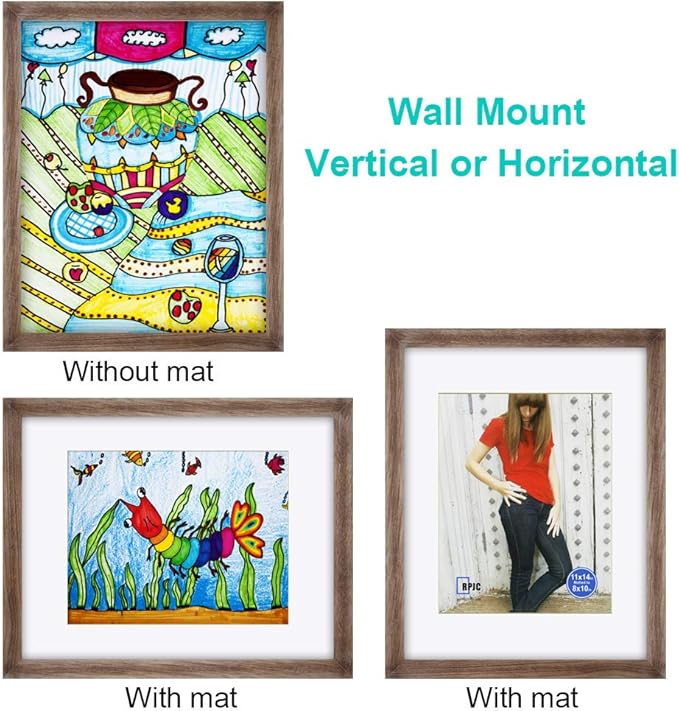 RPJC 11x14 inch Picture Frame Made of Solid Wood and High Definition Glass Display Pictures 8x10 with Mat or 11x14 Without Mat for Wall Mounting Photo Frame Carbonized