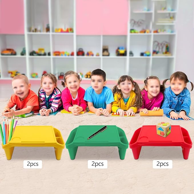 Set of 6 Kids Lap Desk Tray, Portable Activity Table, Plastic, Stackable for Drawing, Writing, Eating, Classroom, 19.69" L x 9.84" W x 7.09" H (Red, Green, Yellow)