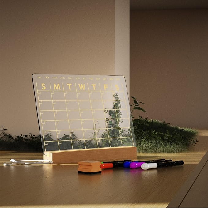 Light Up Clear Dry Erase Calendar 13 x 9 inch with 5 Markers, Acrylic Lighting Markable Calendar Board Agenda for Bedroom/Office/Home/Kitchen