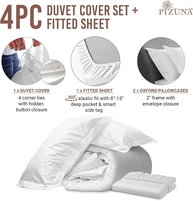 Pizuna 100% Cotton King 3 Pc Duvet Cover + 1 Pc Fitted Sheet Set 400 Thread Count White Sateen Weave Luxurious Long Staple Cotton 4 Piece Bedding Set - 1 Duvet Cover, 2 Pillow Shams, 1 Fitted Sheet