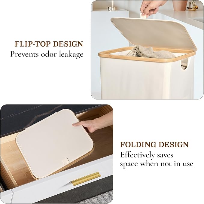 Laundry Basket with Lid, Narrow Laundry Hamper with Removable Bag, Travel Dirty Clothes Basket with Bamboo Handles for Bathroom, Bedroom & Laundry Room, 75L Beige