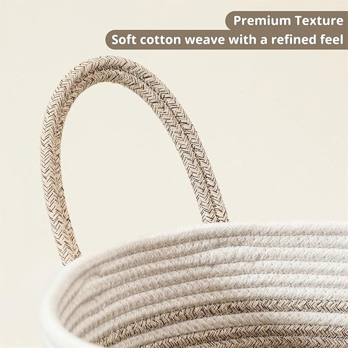 80L Large Woven Laundry Basket Hamper, 100% Natural Cotton Rope, Handwoven & Durable, Storage for Blankets, Toys, Clothes, Nursery Hamper for Living Room, Baby Room, Bedroom (Brown with White)