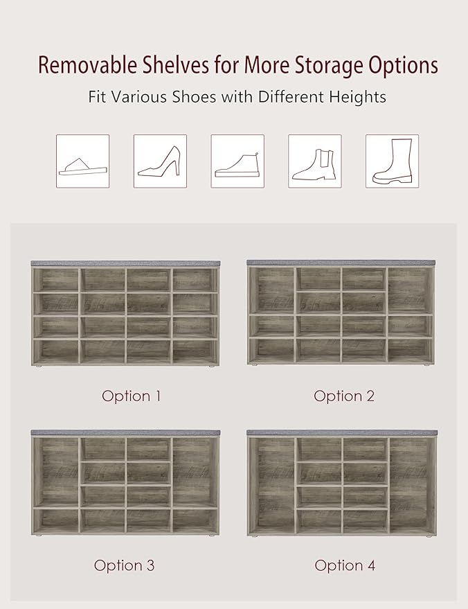 DINZI LVJ Shoe Storage Bench with Cushion, 16-Cubby Shoe Rack, Adjustable Shelves, Multifunctional Shoe Organizer Bench for Entryway, Mudroom, Hallway, Living Room, Bedroom and Garage, Gray Wash