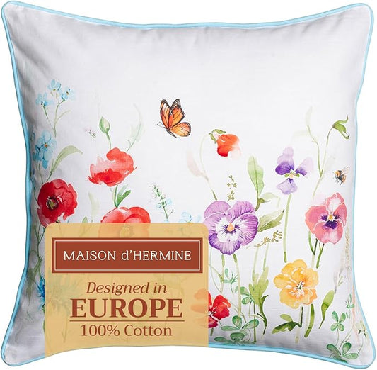 Maison d' Hermine Decorative Cushion Cover 100% Cotton 20"x20" Throw Couch Cover Washable Square Pillowcases with Invisible Zipper for Sofa, Couch, Bedroom, Summer Whisper