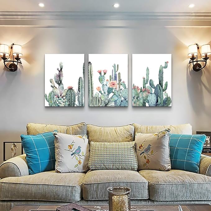 Canvas Wall Art For Bedroom Living Room Canvas Prints Artwork Bathroom Wall Decor Green Plants Succulent Cactus Flower Painting 20" X 28" 3 Pieces Modern Framed Ready To Hang Office Home Decorations