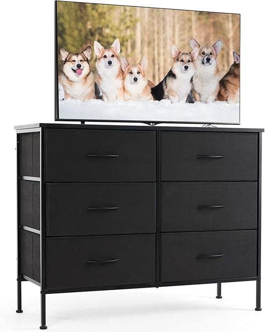 Sweetcrispy Dresser for Bedroom, TV Stand, 6-Drawer Fabric Storage Cabinet with Open Shelves, Console Table, Entertainment Center and Closet Organizers for Living Room Furniture, Black