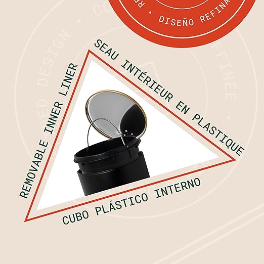 ACENTO 1.3 Gal Round Bathroom Trash Can with Lid – Stainless Steel Small Trashcan with Soft Close Pedal & Removable Liner – Compact Waste Bin for Bathroom, Bedroom, Dorm, Office – Matte Black & Gold