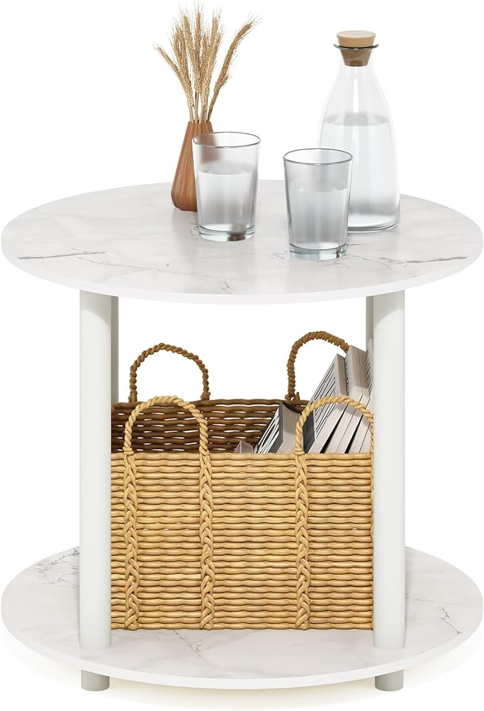 Furinno Turn-N-Tube Simple Design 2-Tier Round Wooden Small Coffee Table, Marble White