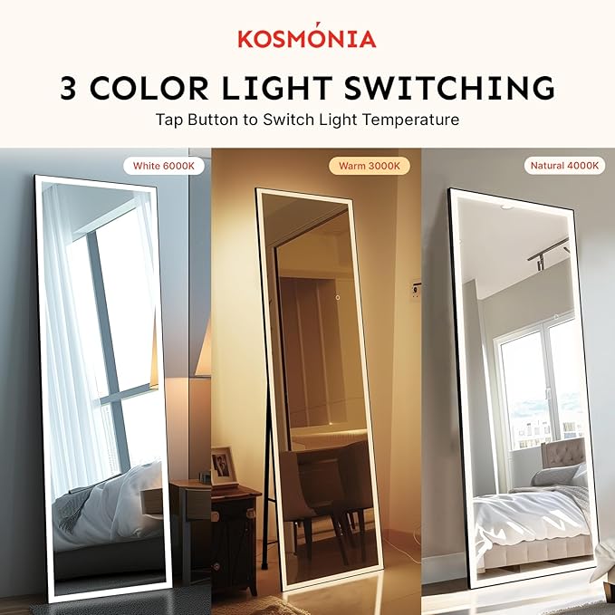 72x24 Full Length Mirror, Dimmable 3 Color LED Light w/Light Memory, Distortion Free Silver Coating Mirror, HD Reflection &Anti Desilvering,Tempered Glass &Shatter Proof Film Doubles Safety