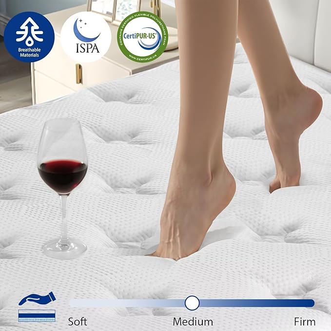 inight 14 Inch Full Size Mattress, Hybrid Full Mattress in a Box for Comfort Night, Gel Memory Foam Medium Firm Mattress with Wrapped Pocket Coils for Lumbar Support Pressure Relief, 180 Night Trial