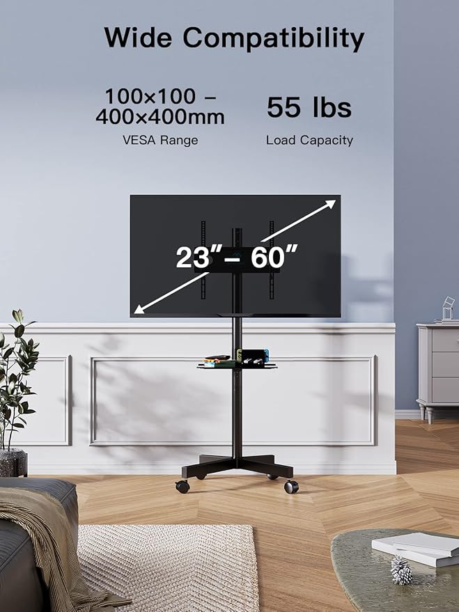 PERLESMITH Rolling TV Stand on Wheels for 23-60 Inch Flat Curved Screen TVs, Mobile TV Cart Height - Adjustable with Shelf/Tray, Portable TV Stand Holds up to 55 lbs, Max VESA 400x400mm, PSTVMC04