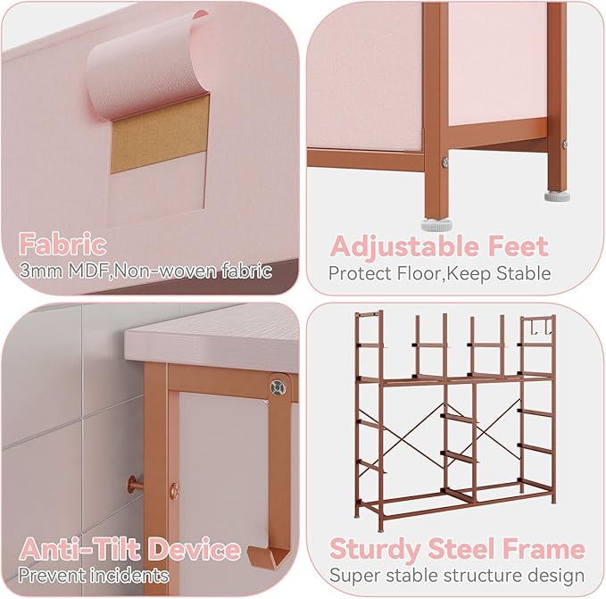 Dresser for Bedroom with 12 Drawers, Tall Dresser Chest of Drawers with 5 Side Pockets and Hooks, Wooden Top Fabric Dresser Storage Tower for Closet, Hallway, Living Room, Pink