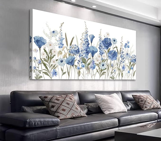 arteWOODS Elegant Flowers Wall Art - Blue White Botanical Pictures for Wall Decor Floral Blossom Canvas Painting Print Artwork for Living Room Bedroom Home Office Wall Decoration 24" x 48"