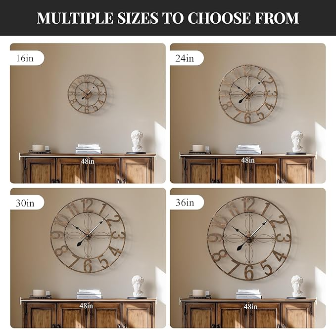 24 inch Wall Clock, Large Wall Clocks for Living Room, Decorative Metal Round Clock Battery-Operated Silent Non Ticking Retro Rustic Arabic Numerals Analog, Bronze