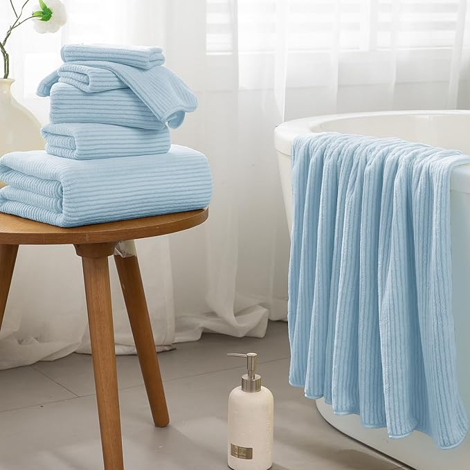 8-Piece Premium Towel Set for Bathroom|2 Oversized Large Bath Sheet,2 Hand Towels,4 Washcloths|Soft Cozy Highly Absorbent Fast Dry Microfiber Shower Towel Set for Hotel Bathroom Essentials,Blue