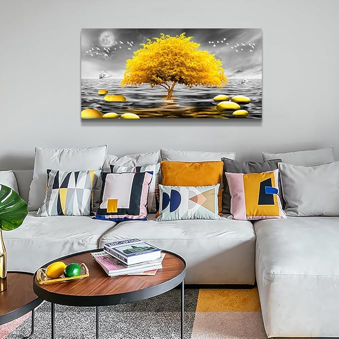 Wapluam Wall Decor For Living Room Large Canvas Wall Art For Office Modern Bedroom Wall Decorations Black And White View Wall Painting Yellow Tree Pictures Artwork For Walls Room Home Decor 48X24in