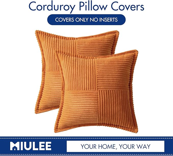 MIULEE Burnt Orange Fall Decorative Throw Pillow Covers for Couch Bed Livingroom 18x18 Inch Set of 2 Boho Accent Throw Pllows Broadside Striped Patchwork Soft Corduroy Pillowcases