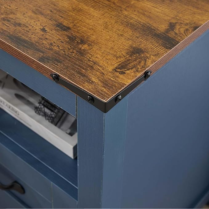 Farmhouse Nightstand with Charging Station & Drawers, Blue Wood Bedside Table, End Table with 2 Storage Drawers & USB Ports for Bedroom, Dorm，Blue