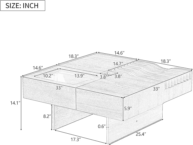 WILLIAMSPACE 33" Square Coffee Table with 3 Drawers, Modern Unique Wooden Center Table with Tempered Glass and Solid Wood Legs, Storage Accent Side End Table for Living Room Apartment, Black