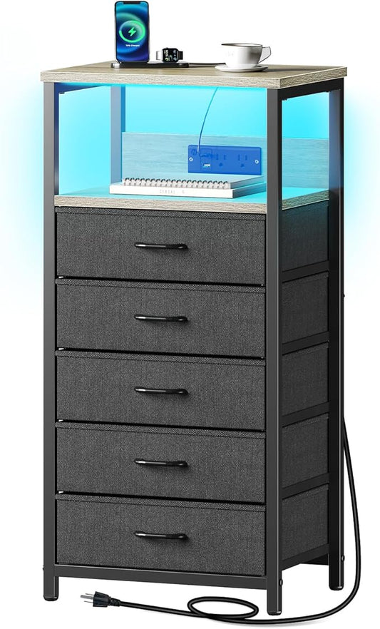 Seventable Night Stand with Charging Station, Tall Nightstand with 5 Fabric Storage Drawers, Side Table with LED Light for Bedroom, Entryway, Greige, Set of 2