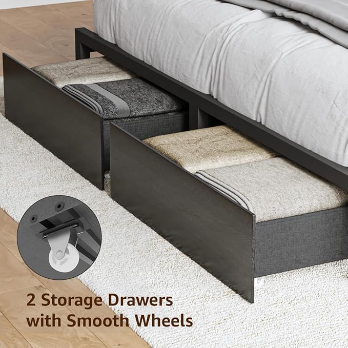 Queen Size Black Bed Frame with 4 Storage, Upholstered Velvet Platform Bed Frames with Button Tufted Headboard Led Lights, Wooden Slats Support, No Box Spring Needed, Black