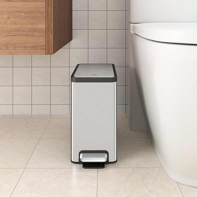 EKO Slim Small Bathroom Trash Can with Lid, Stainless Steel Kitchen Garbage Can with Removable Inner Bucket, 6L / 1.6 Gal 2 Pack Step On Trash Can Combo